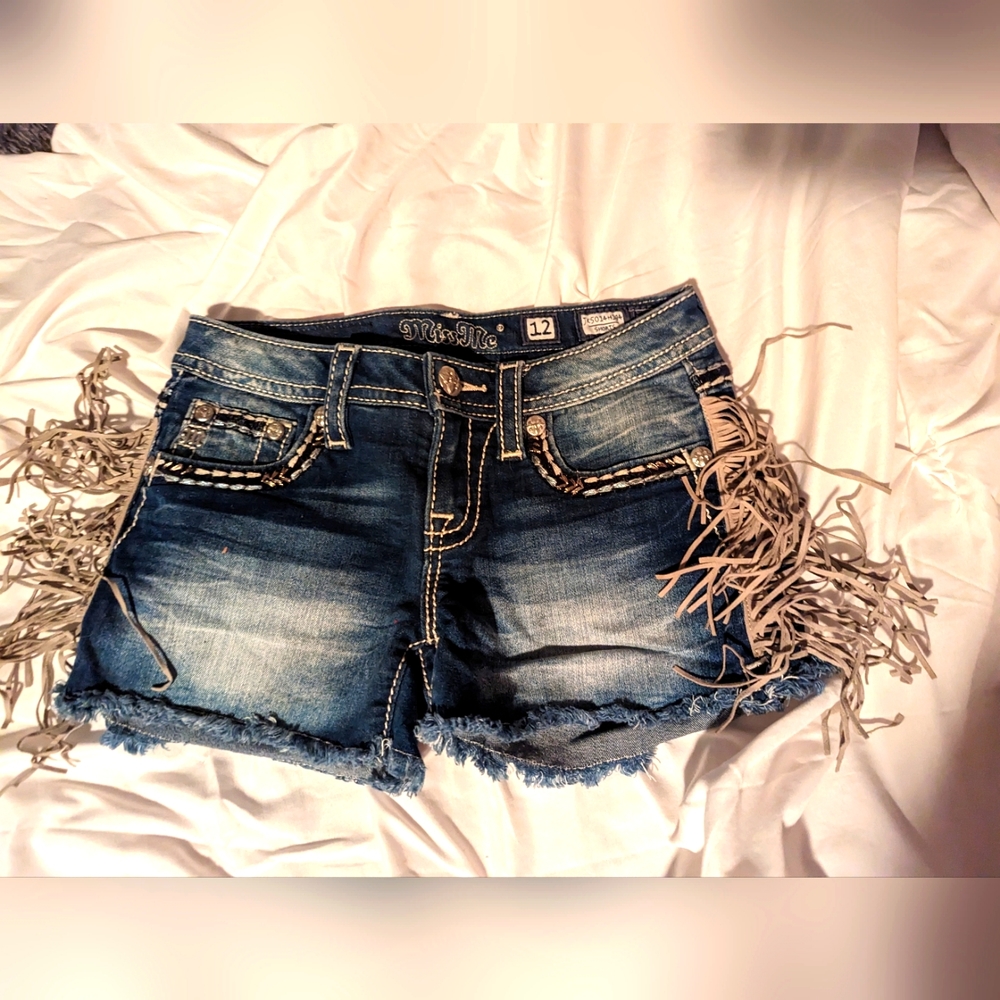 Fringed, Miss Me denim shorts. Size 12
